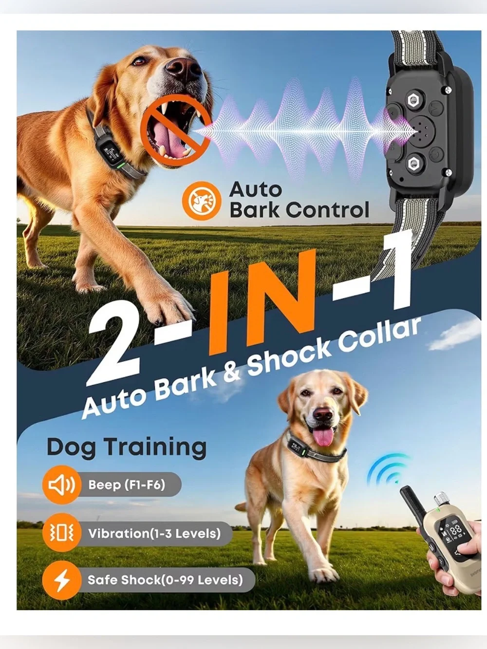 Delupet 2-In-1 Dog Bark & Shock Collar With Remote